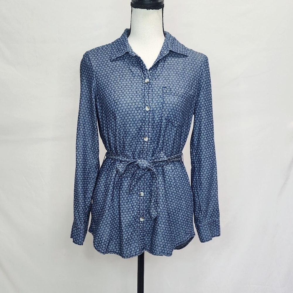 Sonoma Drop Tail Button Up Long Cuffed Roll Tab Sleeve Top w/ Tie Waist Belt - Picture 2 of 5